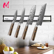 porte couteau magnétique murale barre métal argentée fixations four couteaux manches bois épices pots