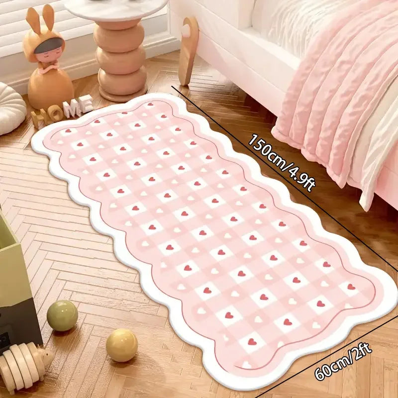 tapis moderne rose clair blanc motifs coeurs noeuds rayures bordure ondulée salon chambre enfant