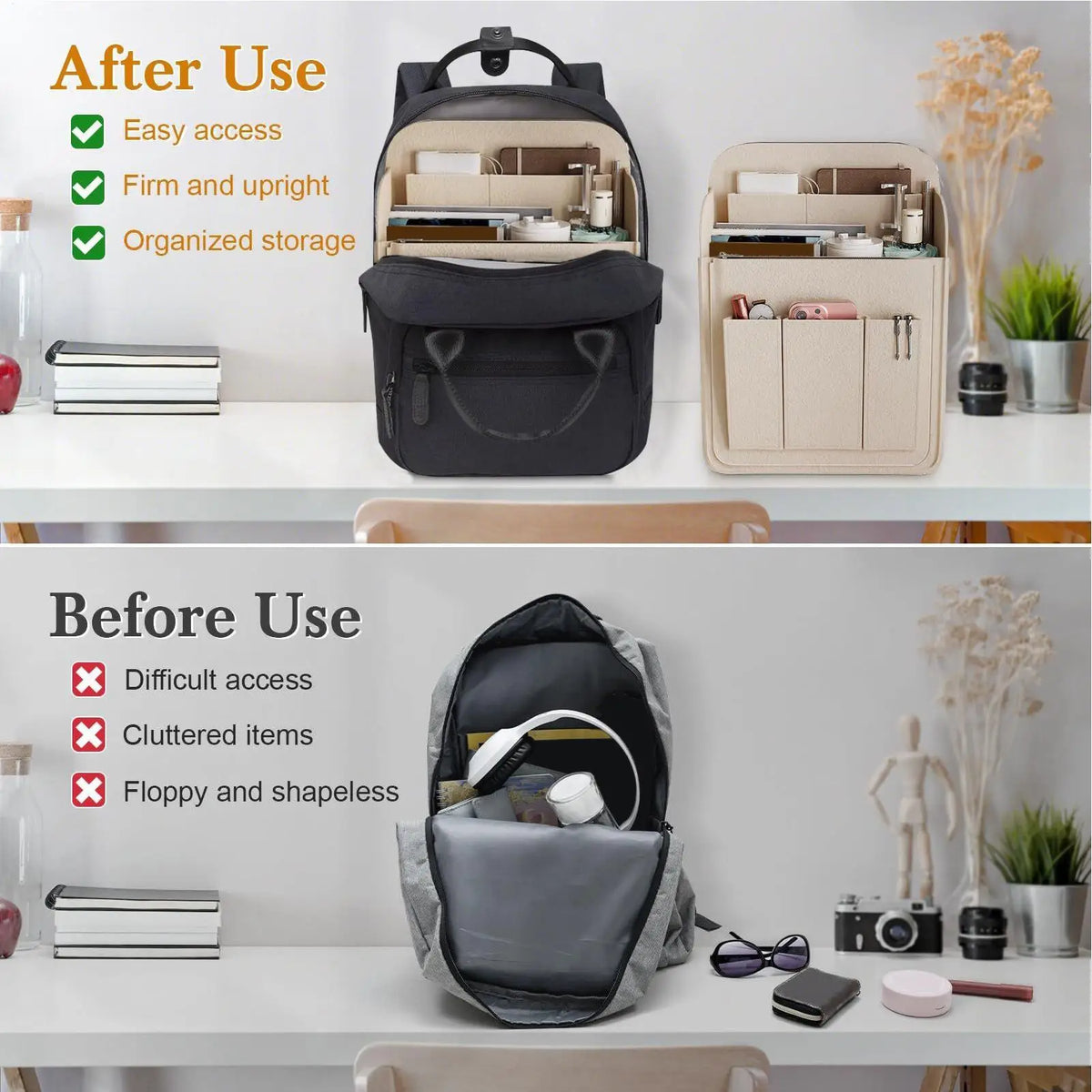 sac dos noir gris polyester moderne bandes ajustables poches multiples rangement cosmétiques téléphone