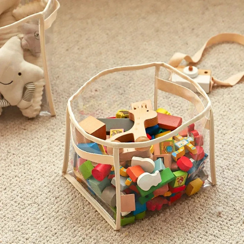 boîtes rangement transparentes moderne minimaliste poignées tissu enfant livres jouets