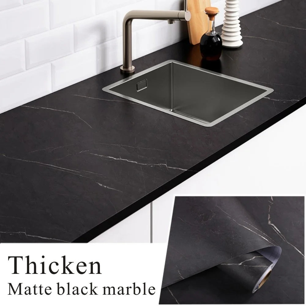 papier peint autocollant vinyle marbre noir mat adhésif mural cuisine meuble décoration