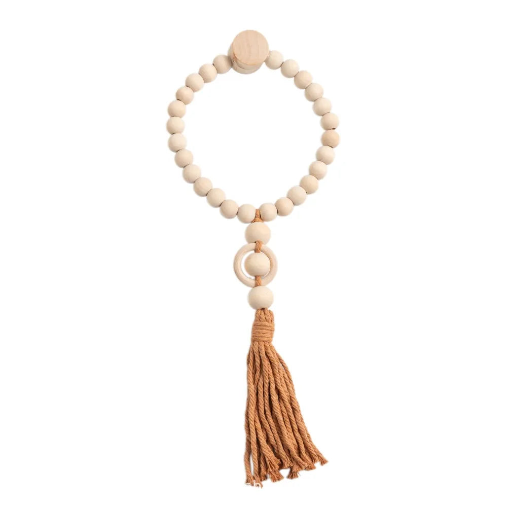 attaches rideau bois pompon bohème rustique naturel anneaux beige rose blanc