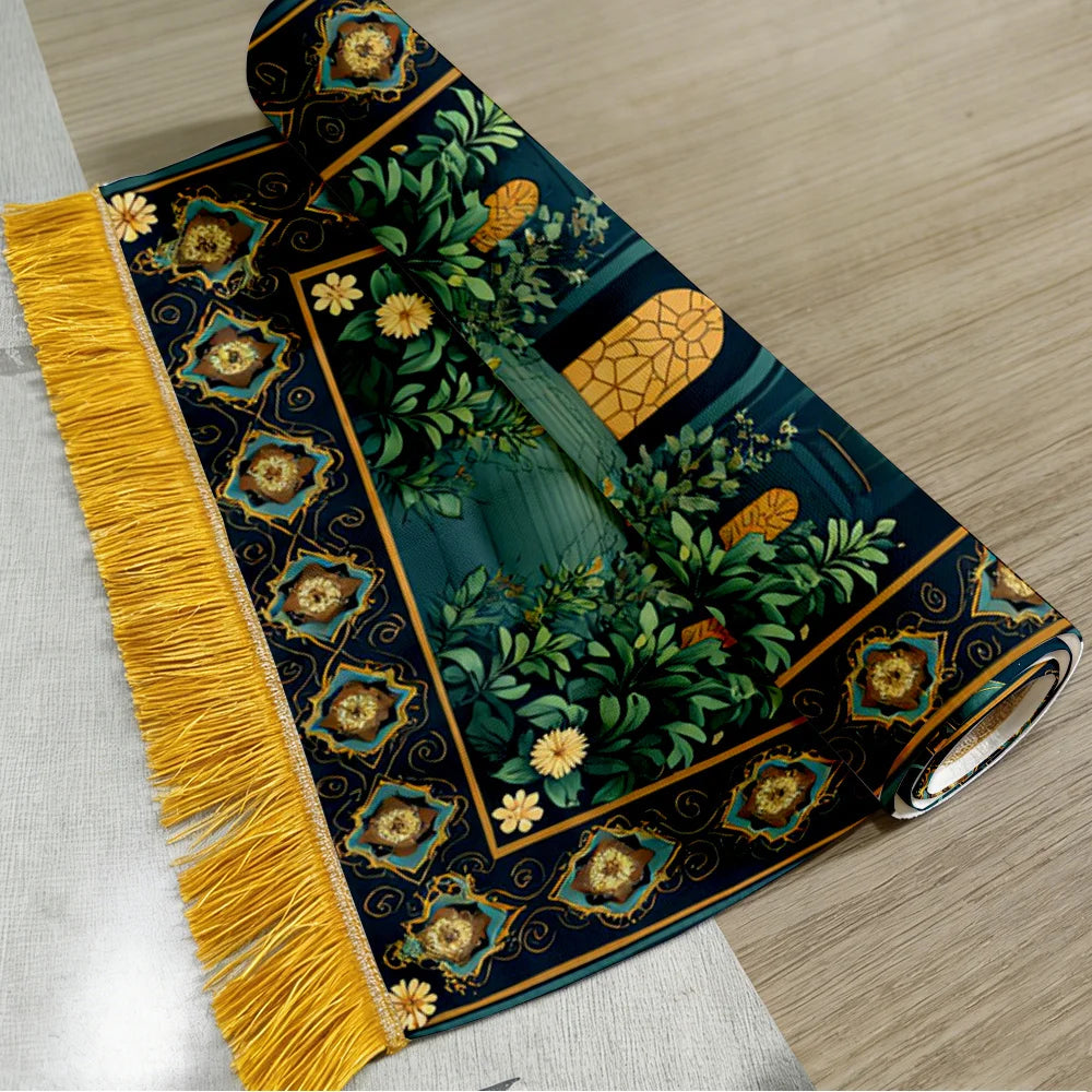 tapis prière islamique bleu nuit motif fleur étoile lune imperméable polyester