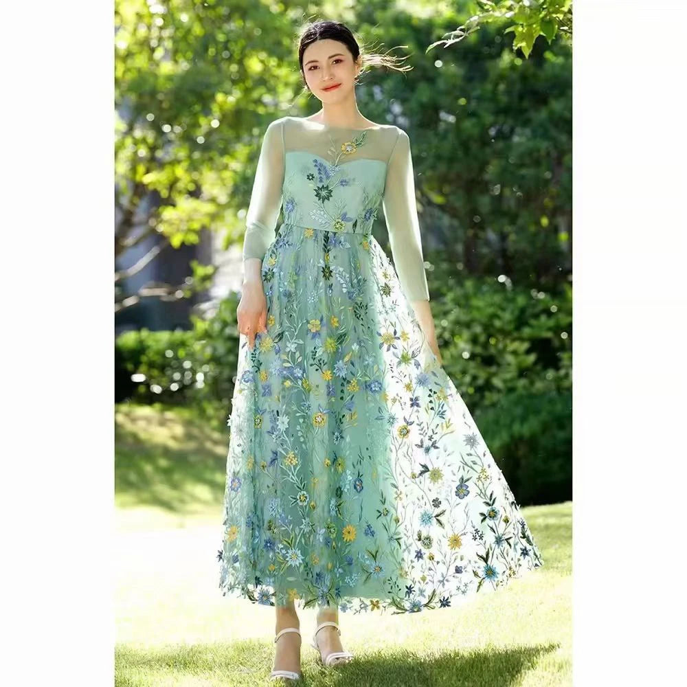 robe élégante verte brodée floral transparente occasion mariage