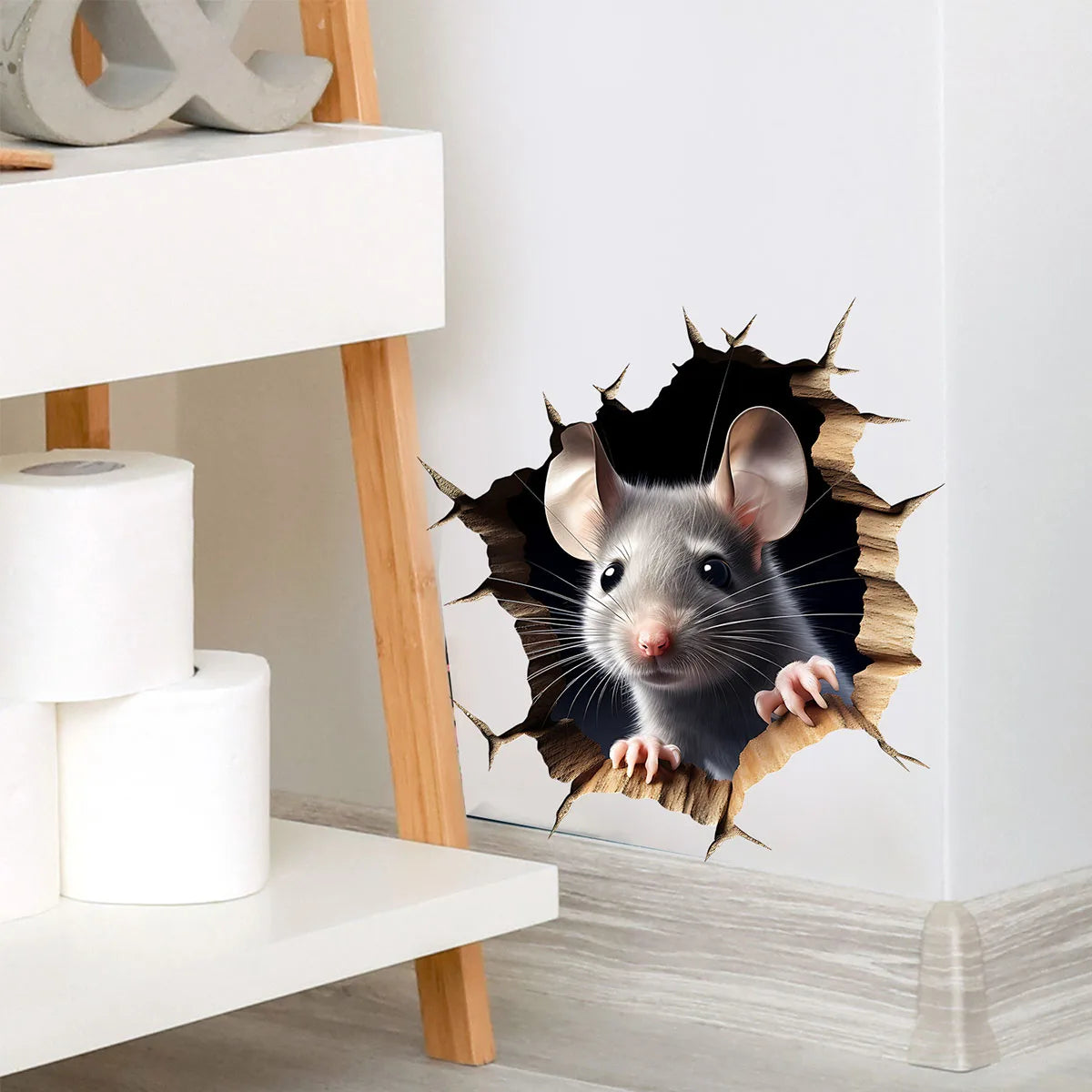 autocollant mural rat 3d réaliste adhésif décoration intérieure gris noir bois texture