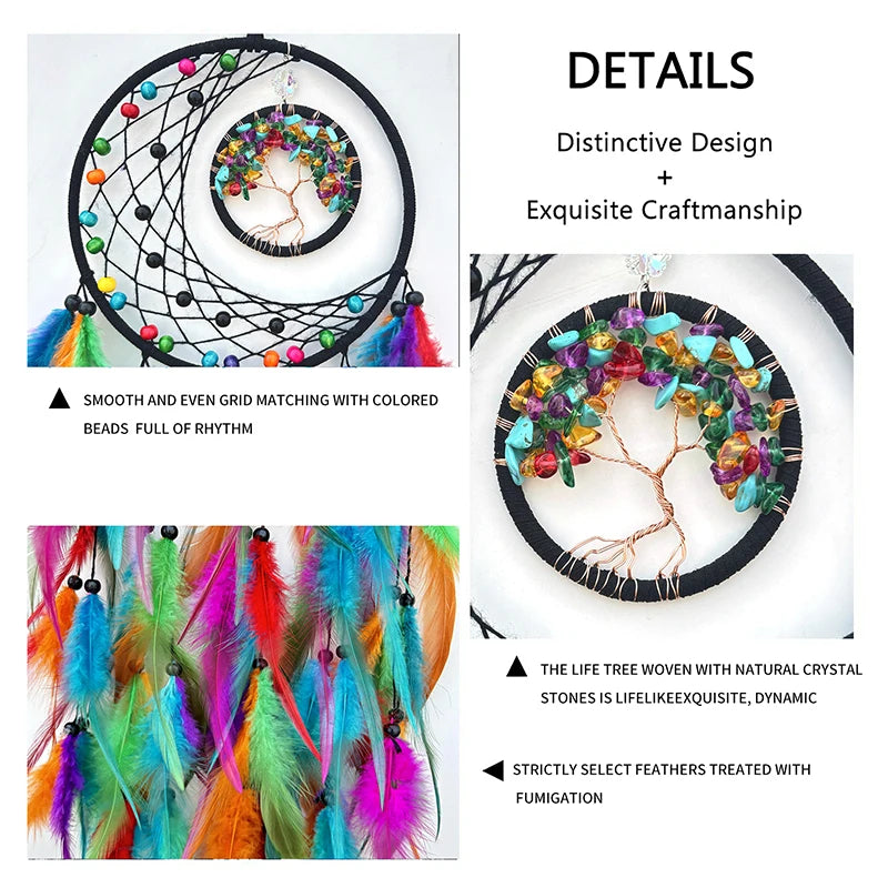 L'image présente un attrapeur de rêves coloré et décoratif avec un design distinctif et une artisanat soigné, comprenant un arbre de vie en cristal naturel et des plumes traitées avec soin.