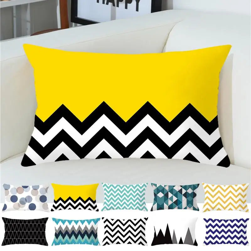 coussin lombaire jaune noir blanc bleu gris vert marron zigzag triangles moderne 30x50cm polyester
