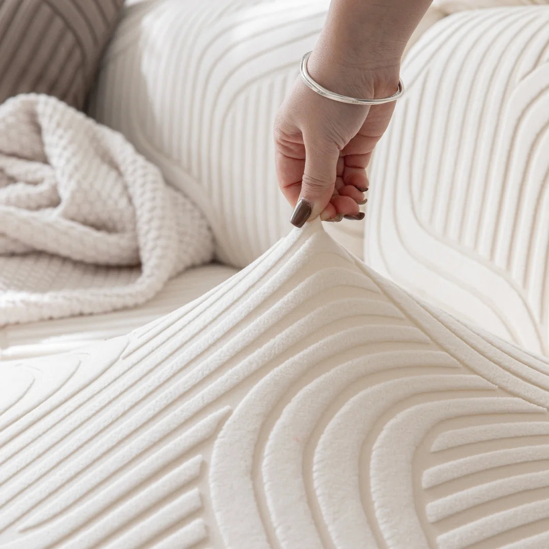 housse canapé beige clair polaire jacquard rayures horizontales extensible salon moderne