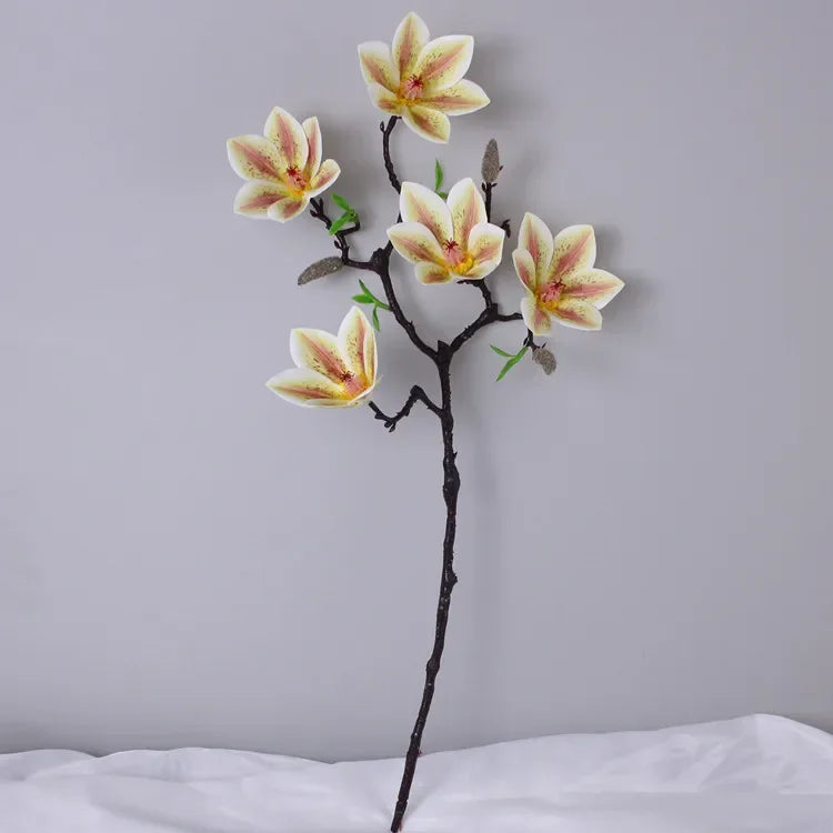Branche artificielle magnolia fleurs simples feuilles vertes blanc rose jaune verte decoration intérieur