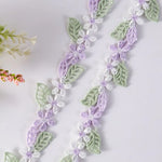 ruban decoratif brode fleurs blancs roses feuilles vertes party floral 2cm large polyester echangable
