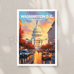 Une vue panoramique de la capitale des États-Unis, Washington D.C., avec son célèbre Capitole en arrière-plan sous un ciel coloré et animé par la circulation urbaine.