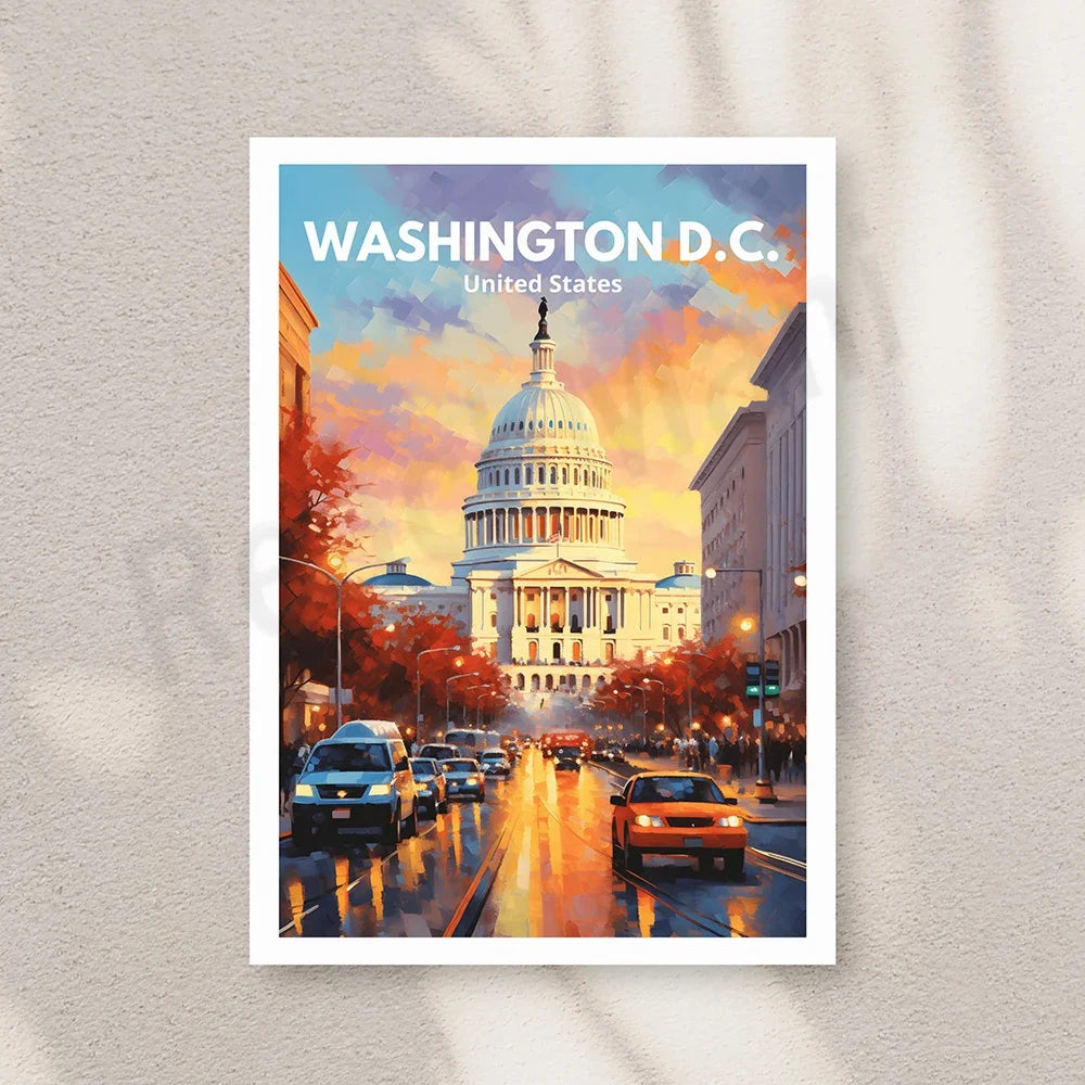 Une vue panoramique de la capitale des États-Unis, Washington D.C., avec son célèbre Capitole en arrière-plan sous un ciel coloré et animé par la circulation urbaine.