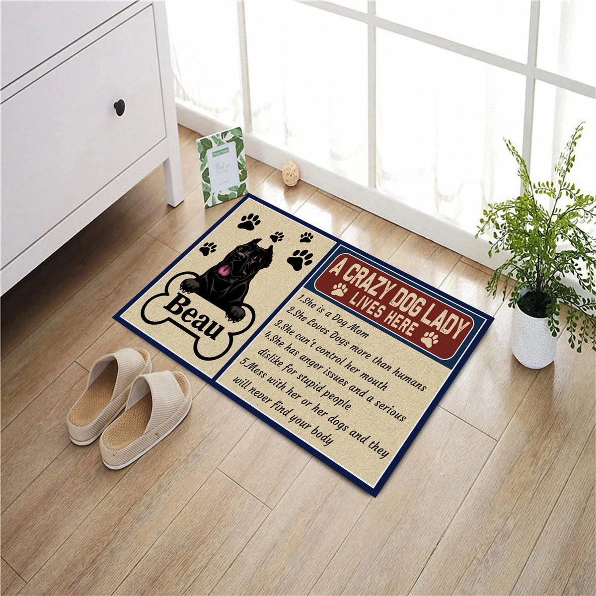 tapis d'entrée antidérapant moderne motif chien rayures horizontales texte imprimé résistant bactéries