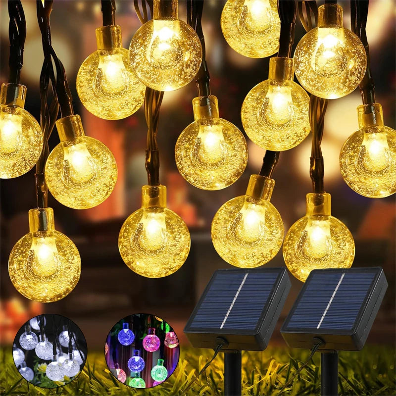 guirlande lumineuse solaire 60 led blanc chaud boules translucides mode jour nuit autoinstallation extérieure