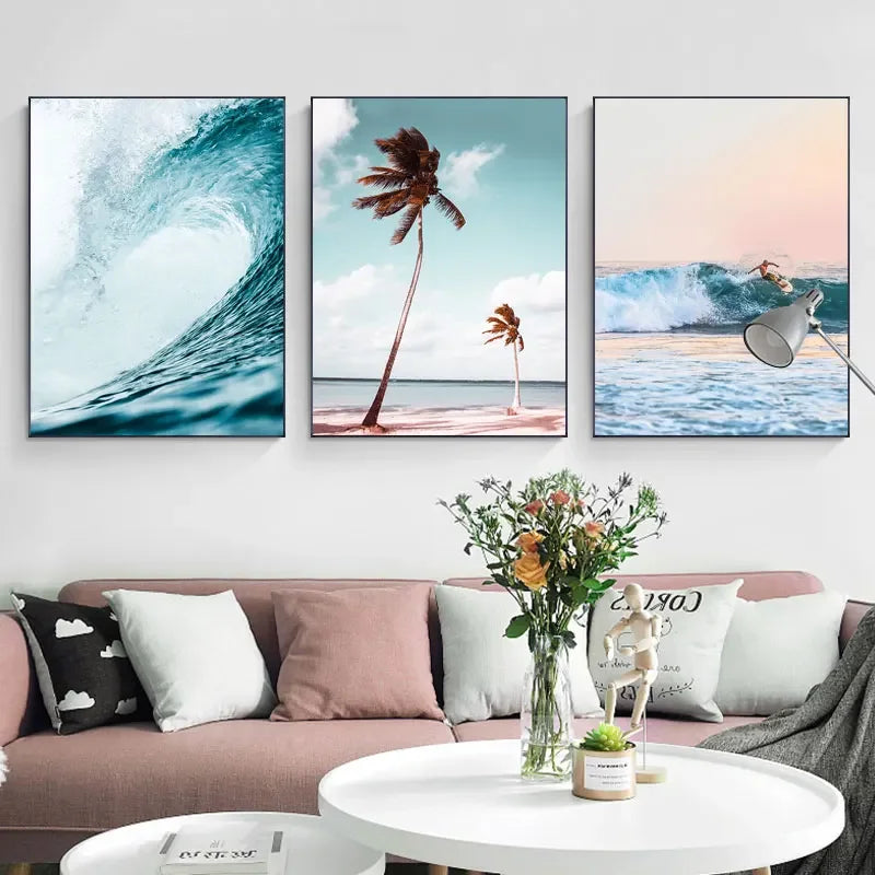 toile d'art moderne vagues palmiers coucher soleil clips cadre noir bleu vert beige rose