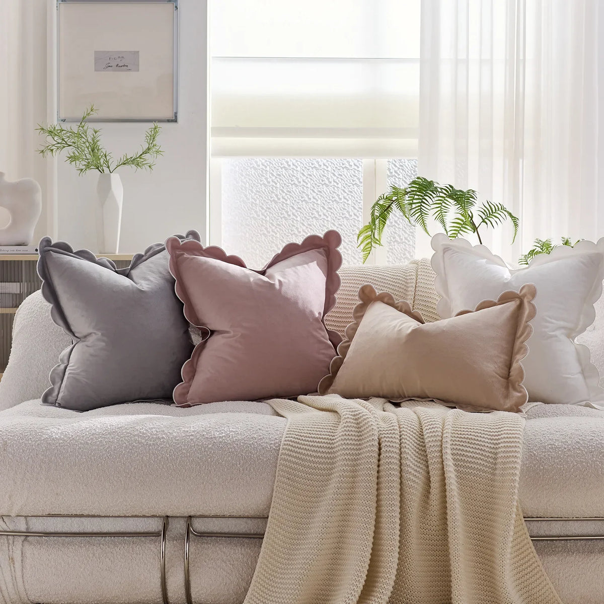 housse coussin moderne motif bordure dentelée orange marron gris rose beige blanc polyester coton