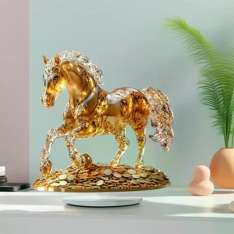 décoration moderne cheval transparent ambré or pièce d'or vase bougie plante verte table chambre
