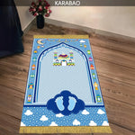 tapis prière islamique moderne bleu clair doré motifs traditionnels usage multiple résistant décoloration