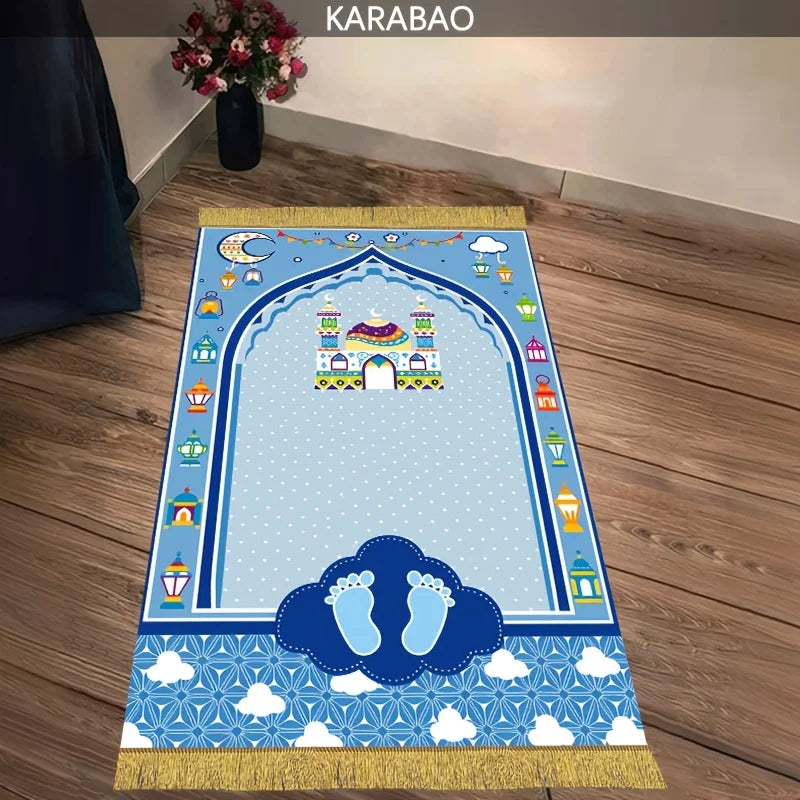 tapis prière islamique moderne bleu clair doré motifs traditionnels usage multiple résistant décoloration