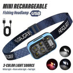 lampe frontale rechargeable bleu tissu hexagonal moderne camping pêche affichage led interrupteur tactile usb