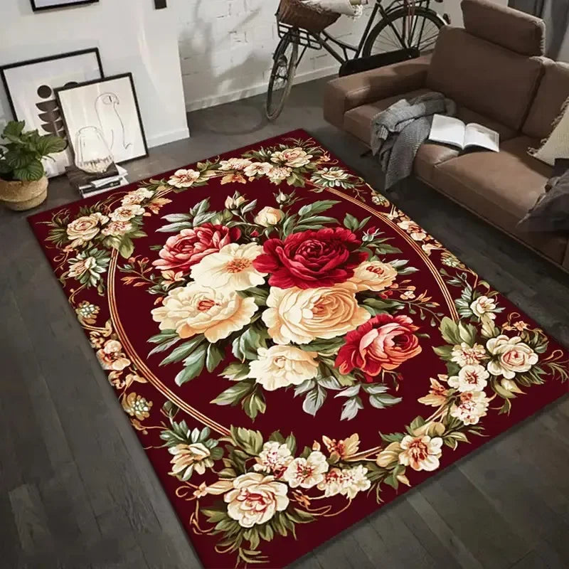 tapis floral rouge fleurs feuilles bordure ornée polypropylène polyester antidérapant extérieur intérieur chambre salon
