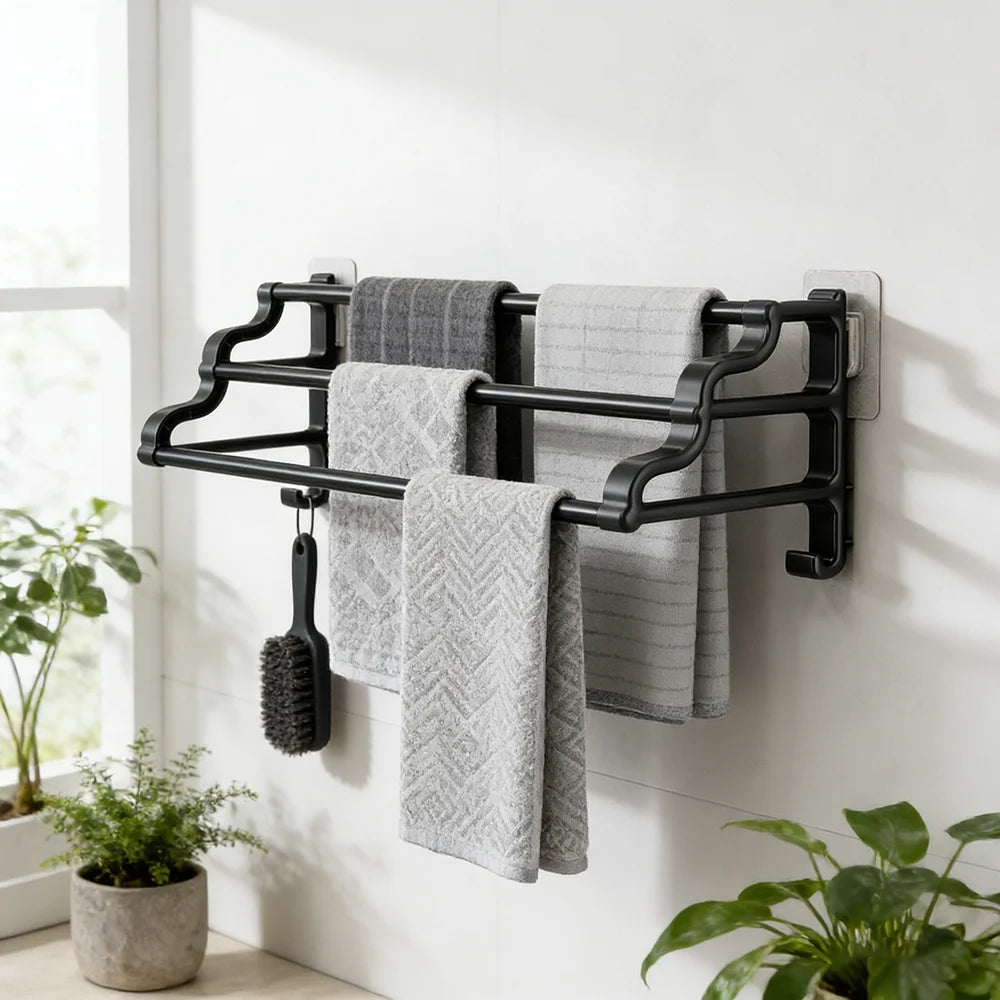 porte serviettes mural moderne adhésif noir 50cm crochet serviettes peignoirs salle bain pliable