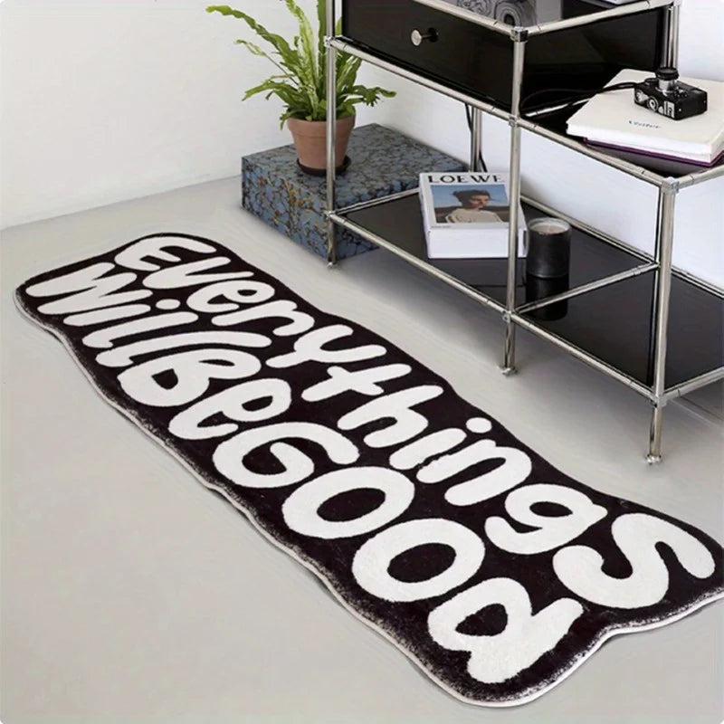 tapis noir lettres blanches salon chambre résistant lavable moderne minimalisteintérieurextérieur