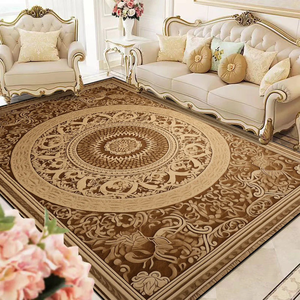 Le tapis persan finement ouvragé apporte une touche d'élégance et de raffinement à ce salon exquis aux meubles de style victorien.