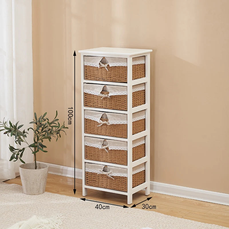 meuble tiroirs blanc rustique paniers osier tissu beige vintage chambre coucher minimaliste moderne