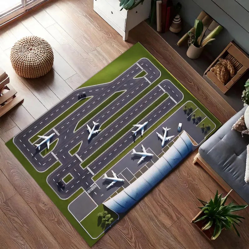 tapis jeu enfant aéroport piste avion décoratif chambre salon gris bleu blanc moderne