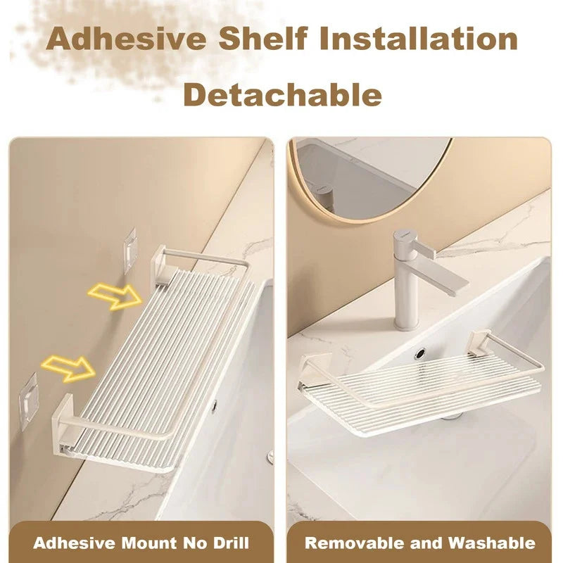 étagères salle bain blanc modernes adhésives rangement produits toilette serviettes brosse dents aluminium acrylic