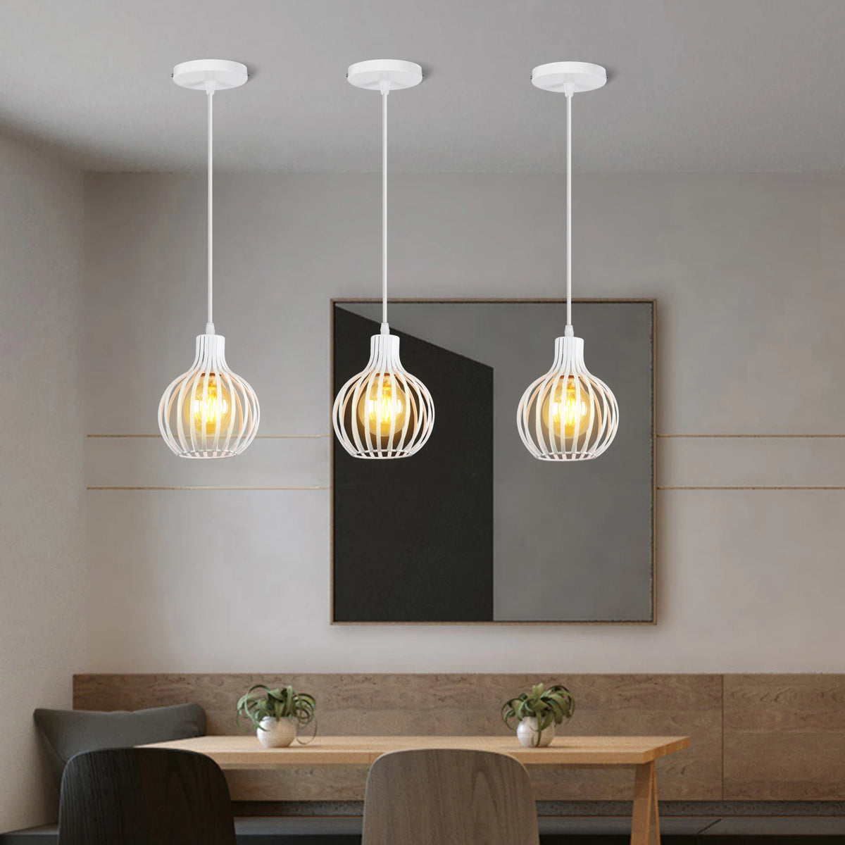 Suspension lumineuse industrielle moderne métal noir blanc abat jour rond grillagé