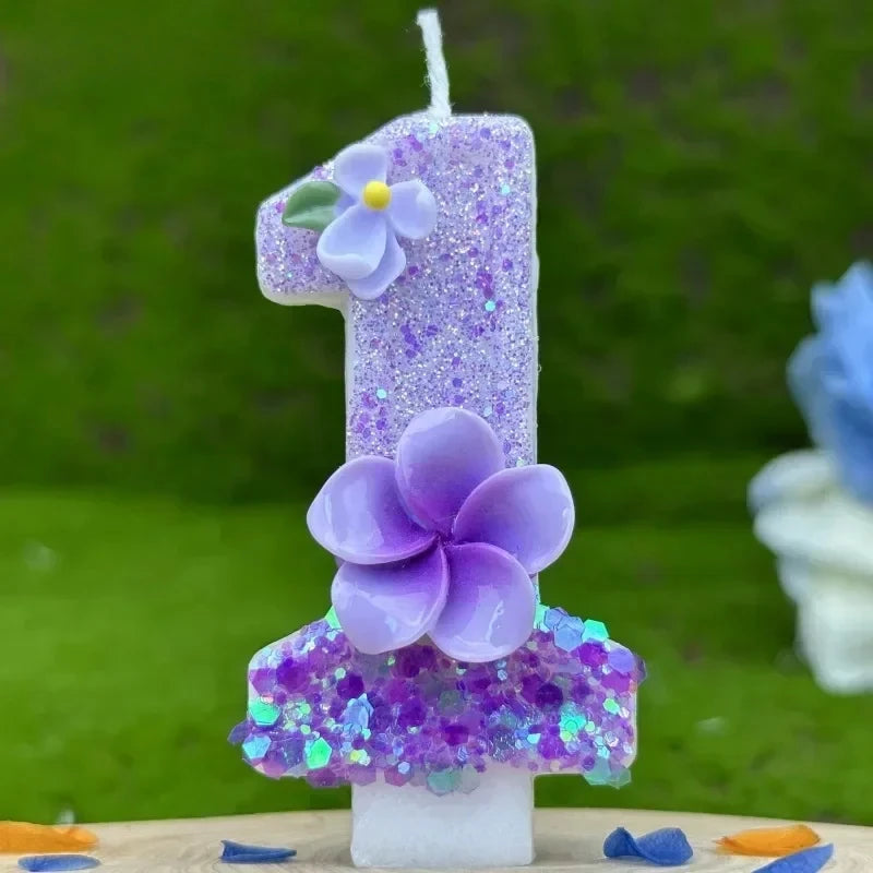 bougies chiffres violets fleurs anniversaire décoratives sans flamme enfants gâteau paillettes numérotation festive