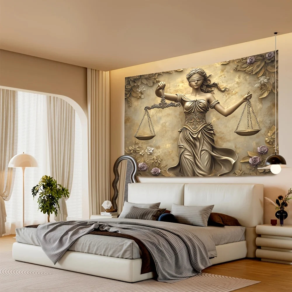 toile d'art statue justice balances fleurs classique baroque polyestère beige doré moderne salon chambre