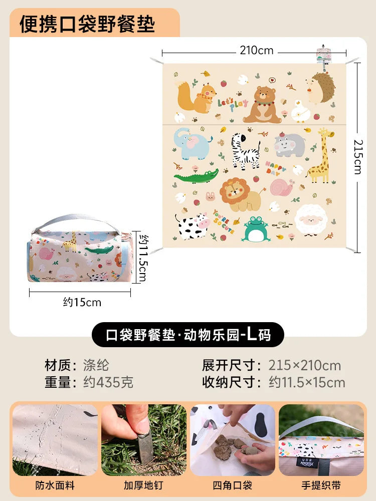 tapis pique nique pliable imperméable vert clair motif animalier sac rangement