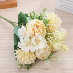 bouquet fleurs artificielles pivoines soie rose blanc violet bleu clair jaune feuillage vert décoration