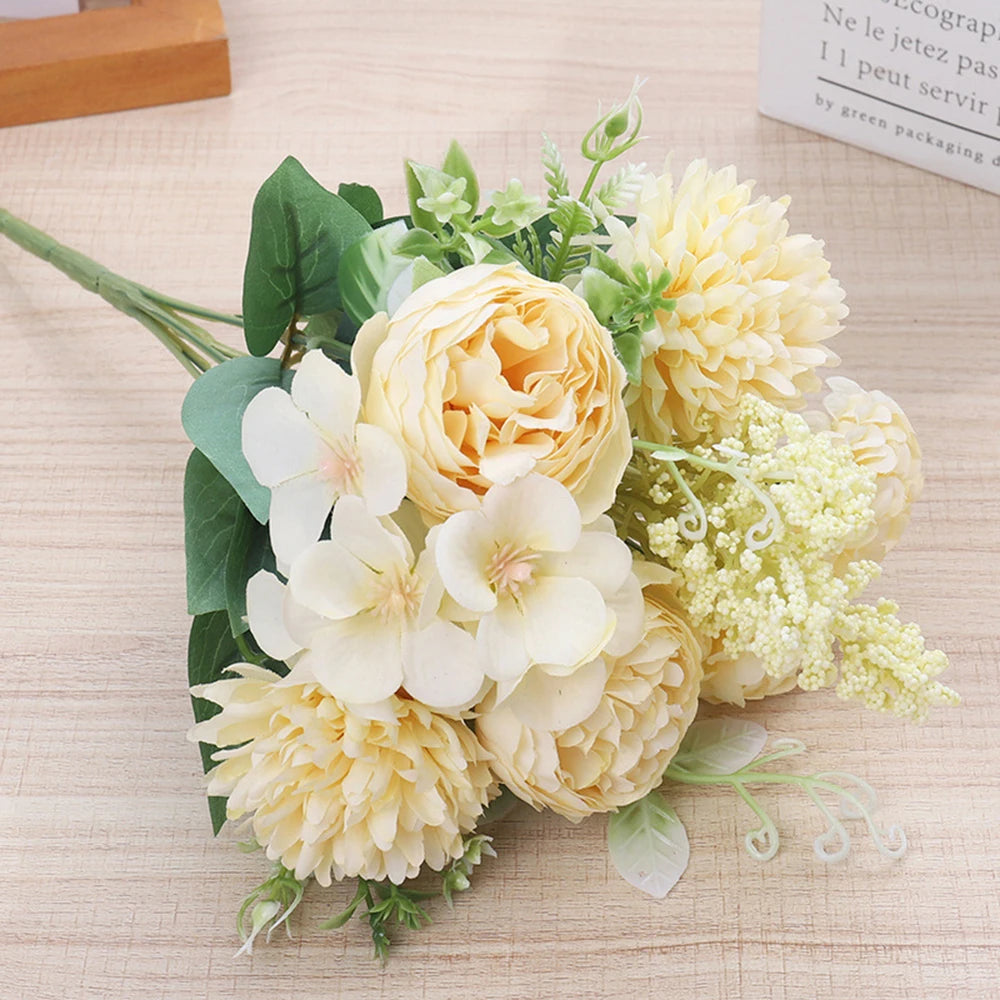 bouquet fleurs artificielles pivoines soie rose blanc violet bleu clair jaune feuillage vert décoration