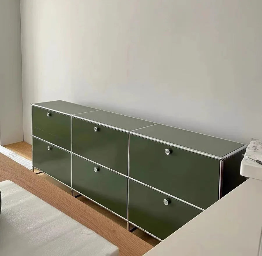 meuble tiroirs armoire salon vert olive moderne pieds ronds tiroirs bois métal