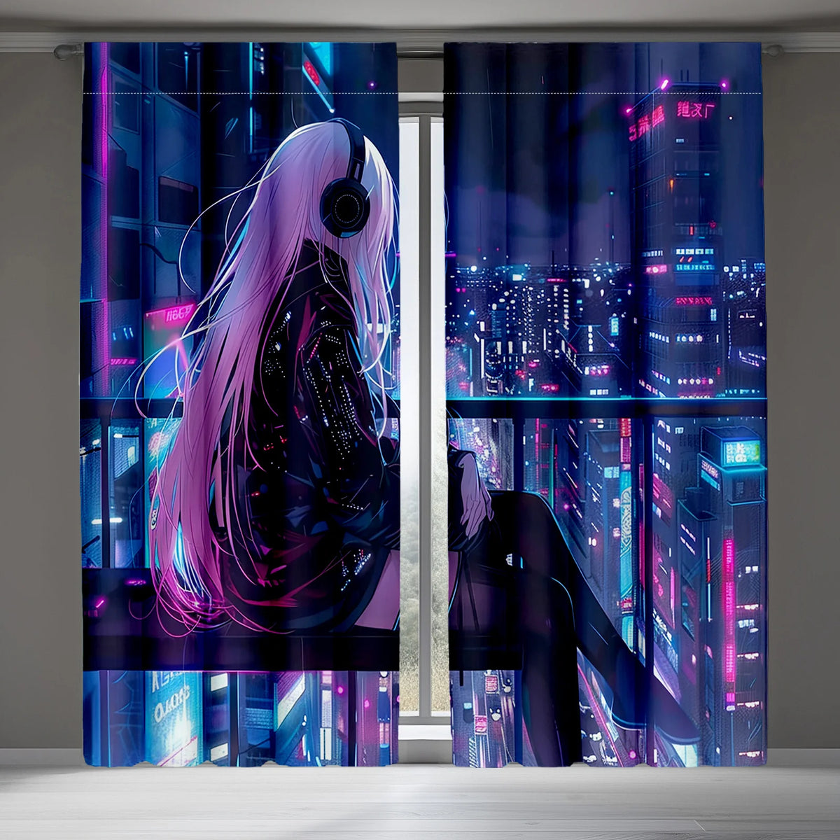 rideaux anime futuriste deux panneaux impression graphique jeunes femme ville neon chambre moderne polyester