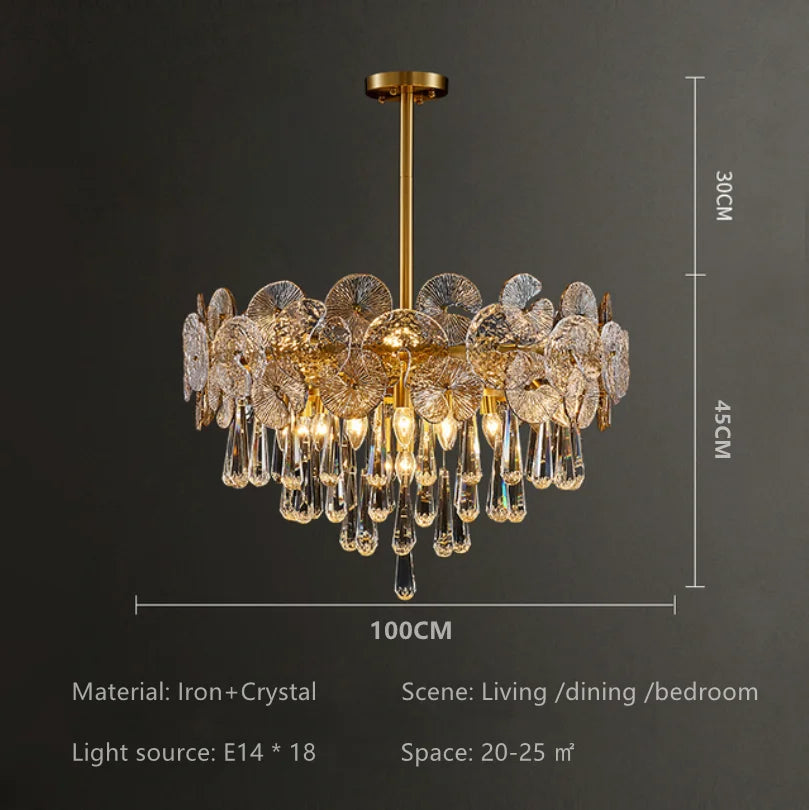 Suspension lumineuse moderne cristal doré transparent salon chambre 2000 82000 lumens