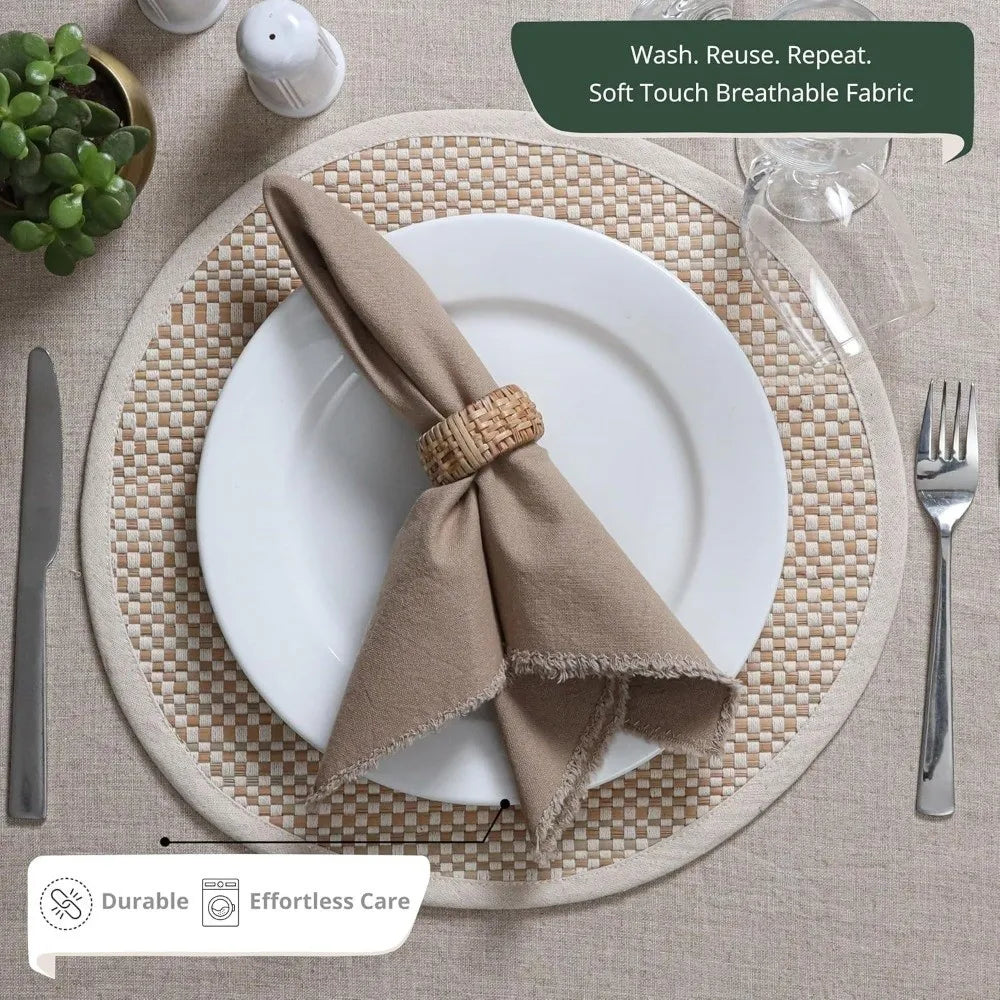 serviettes table vert foncé beige rose blanc uni franges rustique cuisine domestique