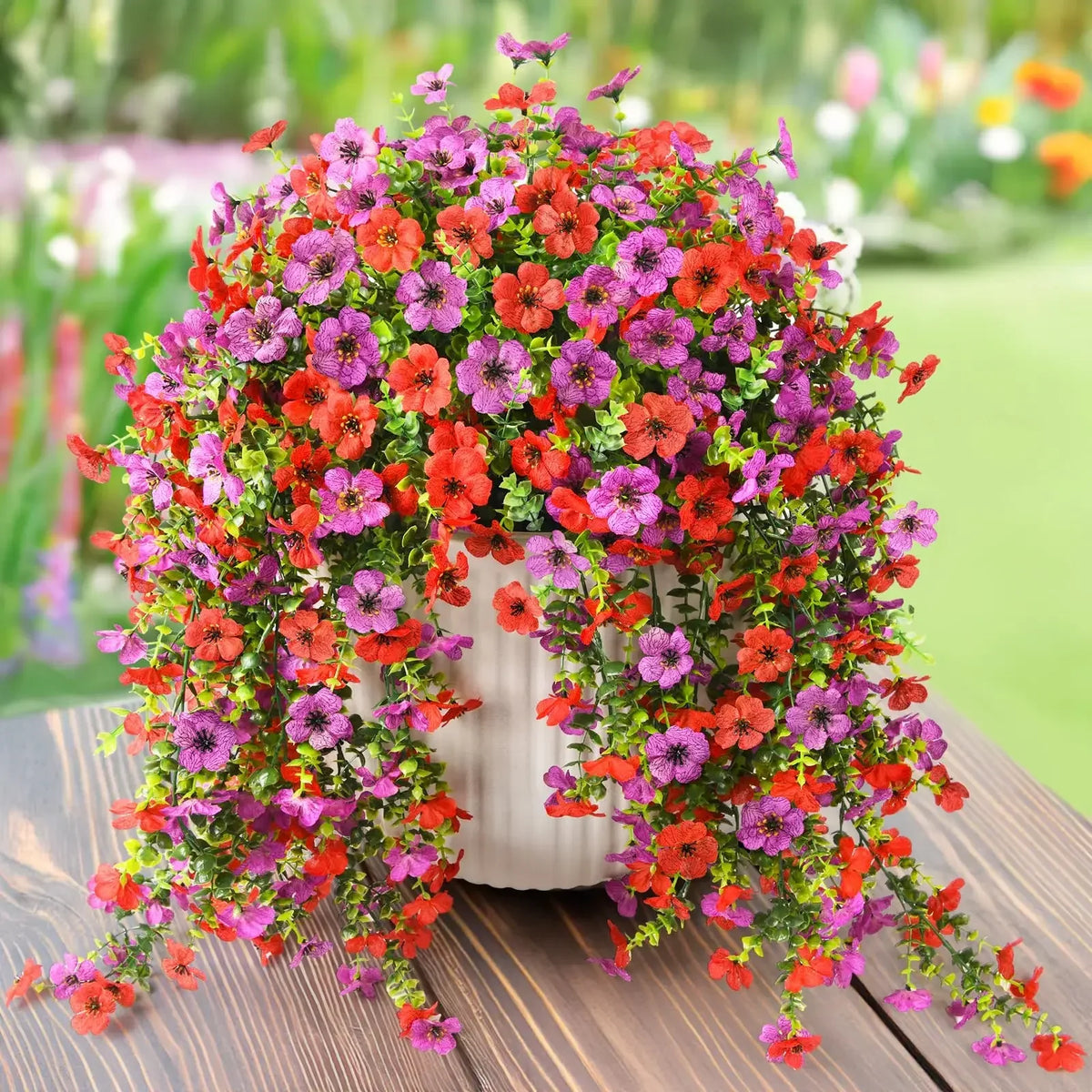 décoration extérieure plante artificielle suspendue fleurs marguerites violettes feuilles vertesbranches flexibles moderne