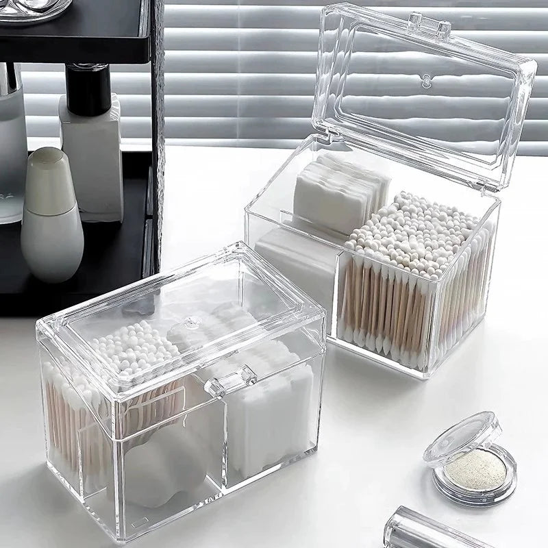 boîte rangement transparente moderne coton tige éponge maquillage salon beauté réutilisable minimaliste poignée