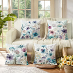 housse coussin polyester motif floral bleu violet rose moderne blanc
