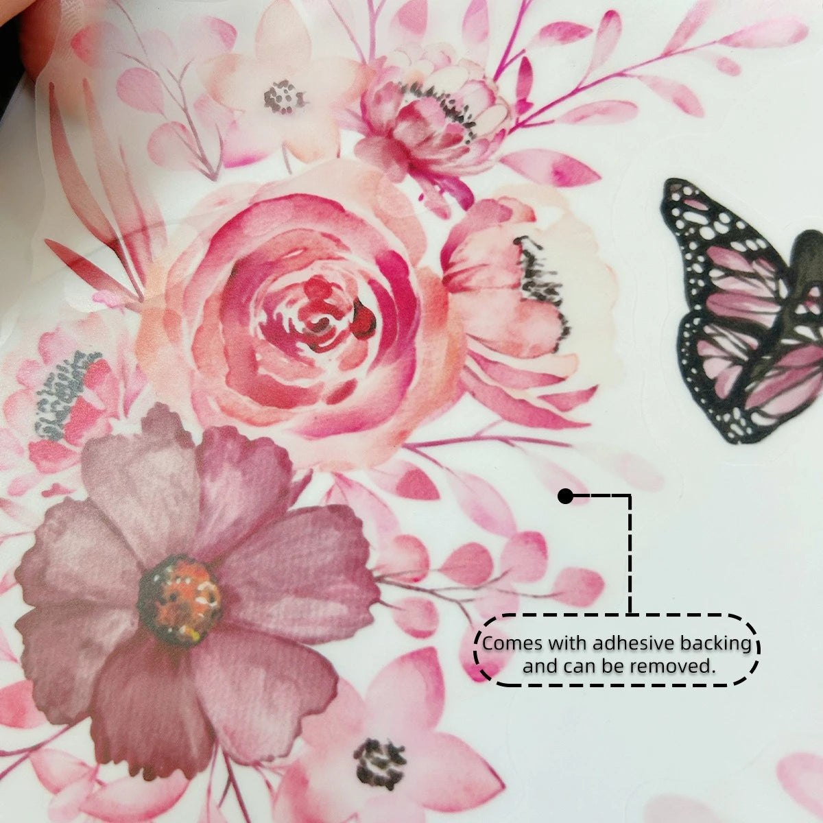 sticker mural adhésif amovible fleurs aquarelle romantique floral féminin rose fuchsia blanc noir pivoine