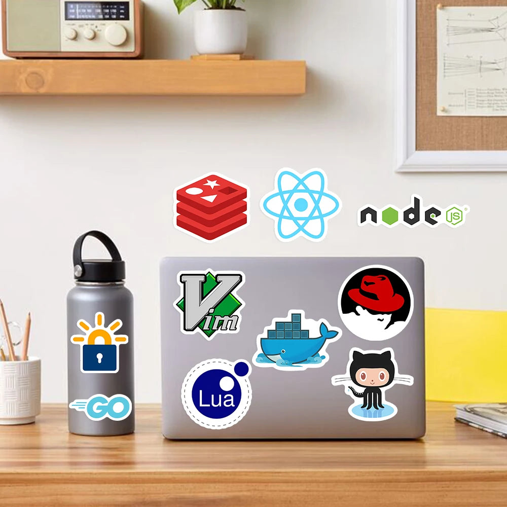 stickers technologie logos python docker linux node js cartoonesques adhésifs adultes adolescents