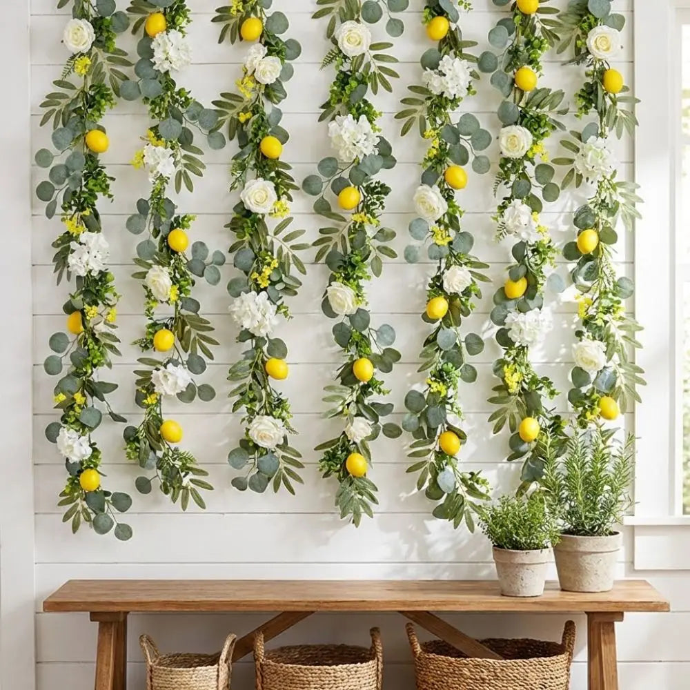guirlande florale artificielle feuilles eucalyptus fleurs blanches citrons artificiels naturel rustiqueintérieur décoration vert blanc
