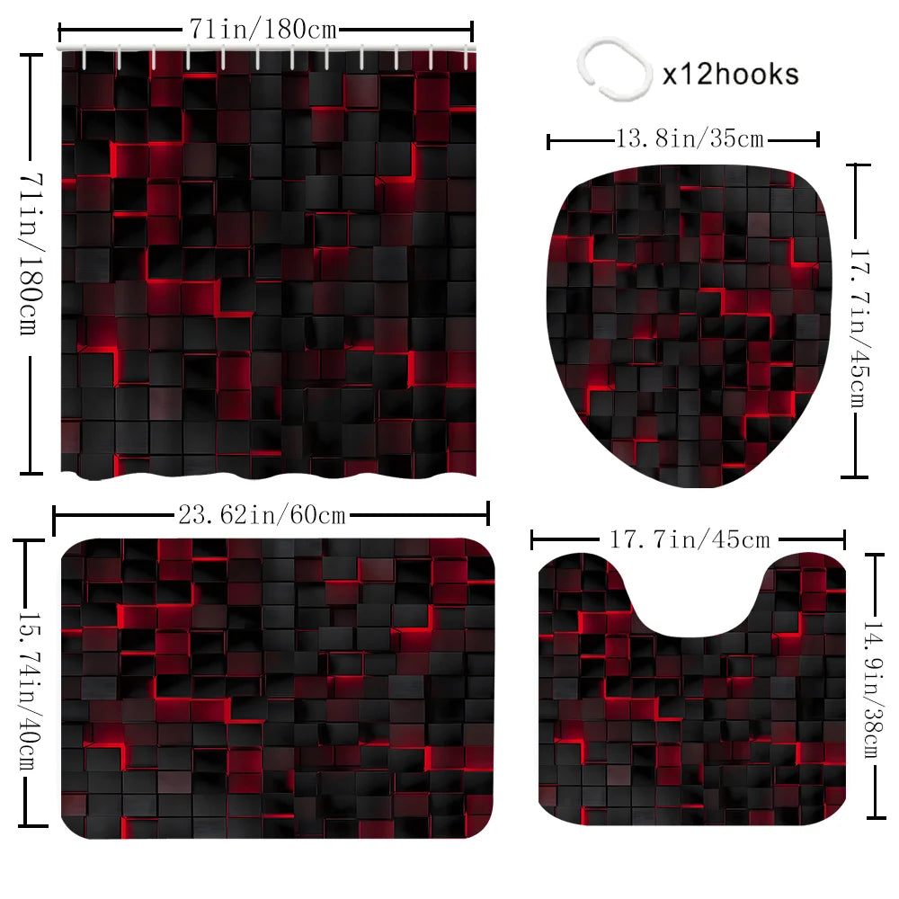 rideau douche géométrique moderne noir rouge tapis bain couvercle toilette 12 crochets