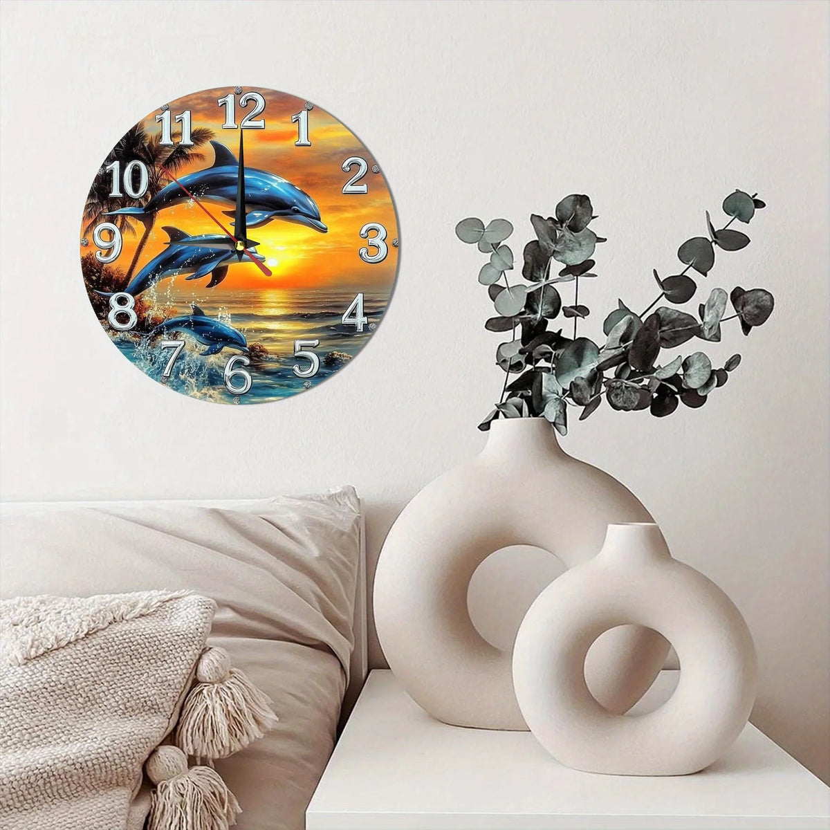 horloge murale bois dauphins coucher soleil palmiers moderne chambre decoration