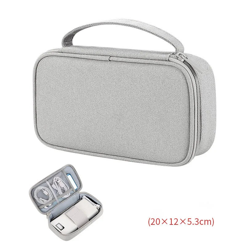 sac rangement accessoires tissu gris clair pratique ecouteurs cable usb chargeur voyage